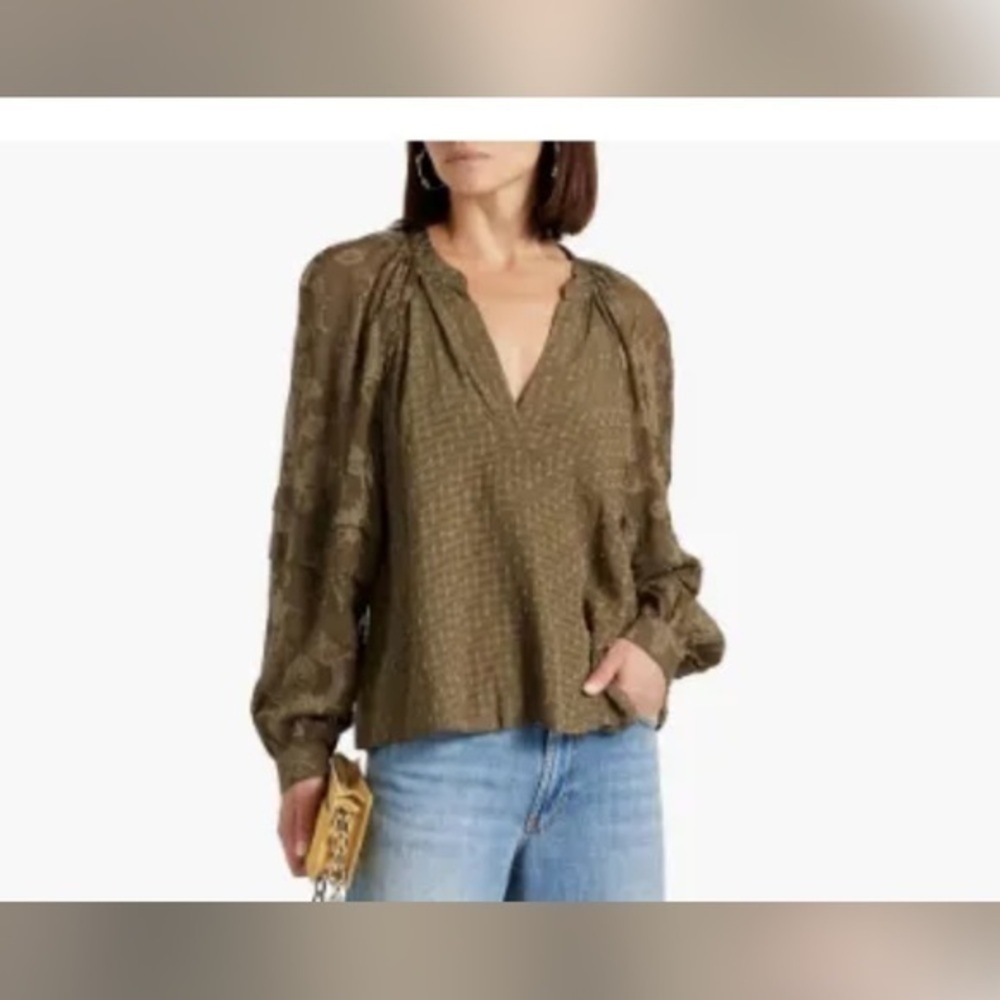 NWT‎ Medium women’s beautiful Iro Paris Kisar Jacquard Blouse In Army Green/brwn